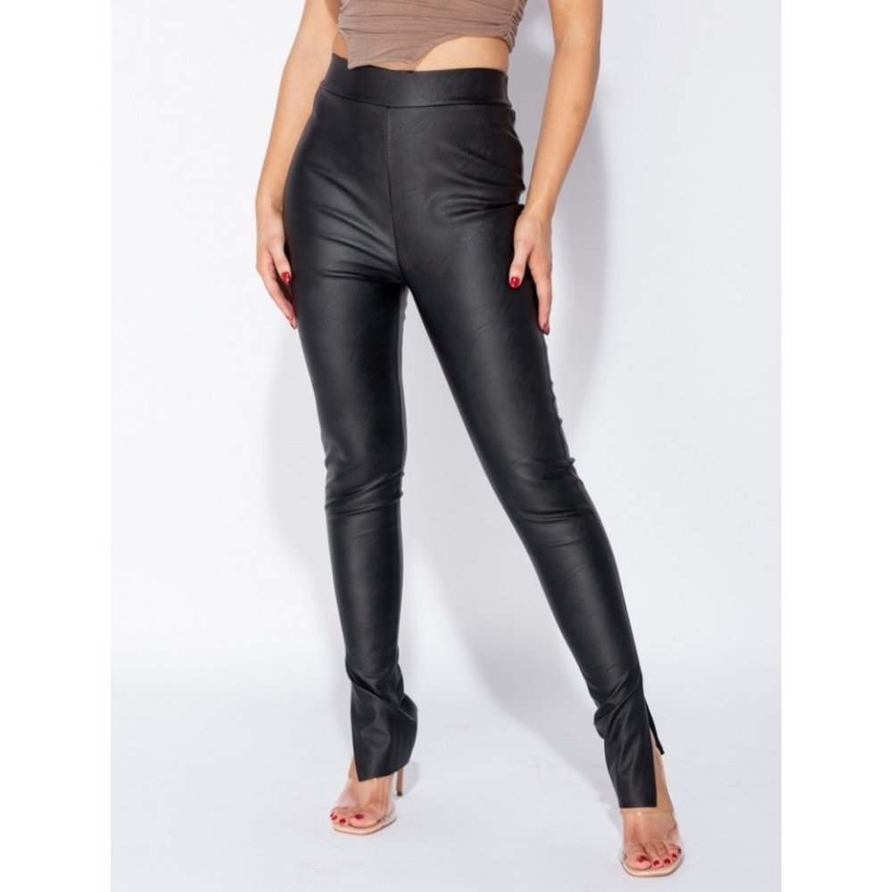 Black High Waist Vegan Leather Split Skinny Pants - Picture 5 of 8